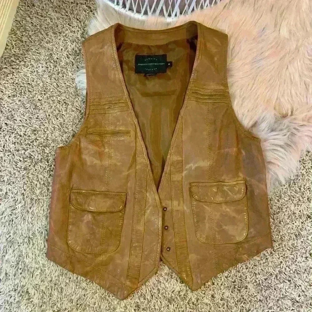 French Connection | Brown genuine leather distressed  vest size 6 / small to med